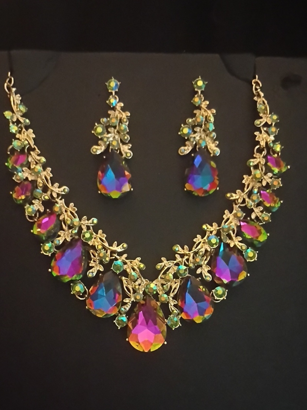 Gold-tone Rainbow Teardrop Crystal Necklace & Earring Set